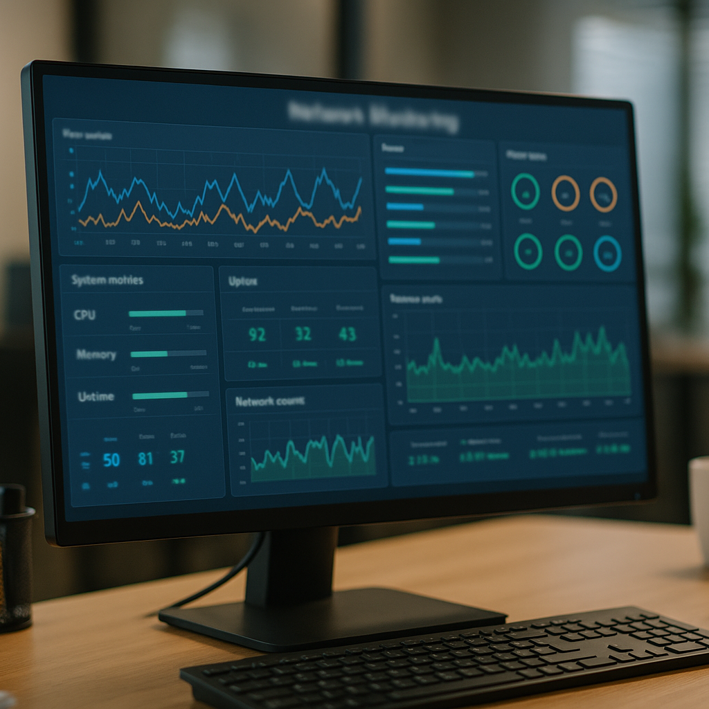 Computer monitor displaying a network monitoring dashboard on a desk with a blurred office background